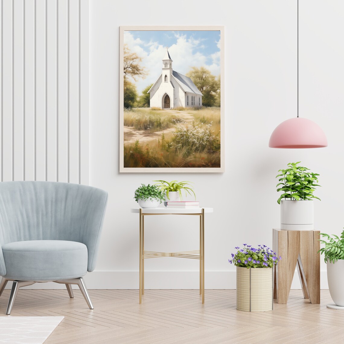 Sunny White Country Church Summer Meadow Wildflowers Art Poster - Image 2