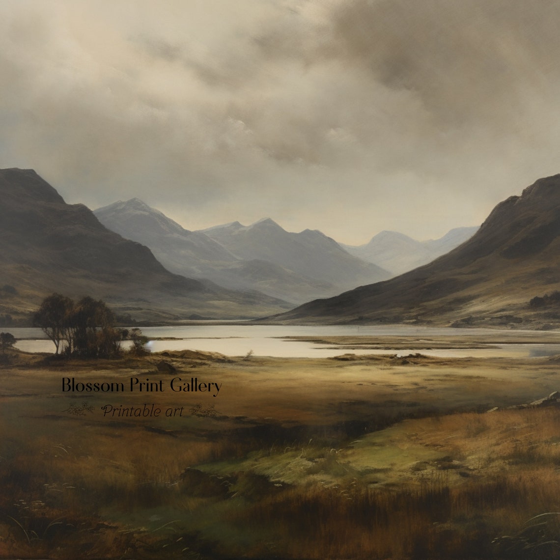 Moody Misty Mountain Lake Valley View In Muted Earth Tones Print - Image 3