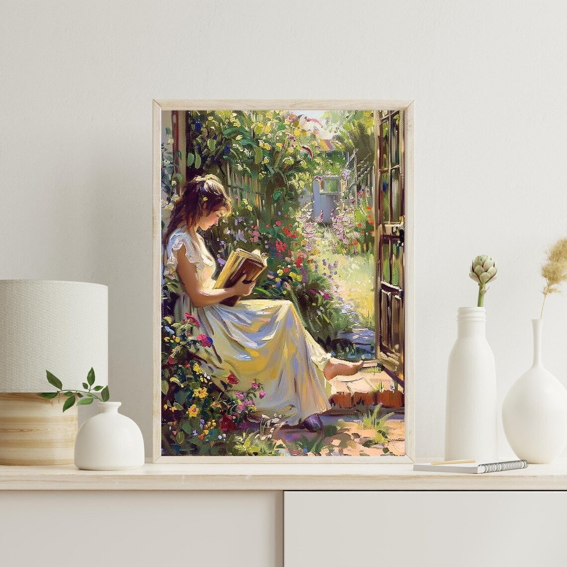 Woman Reading Book in Blooming Garden Impressionist Painting Poster - Image 2