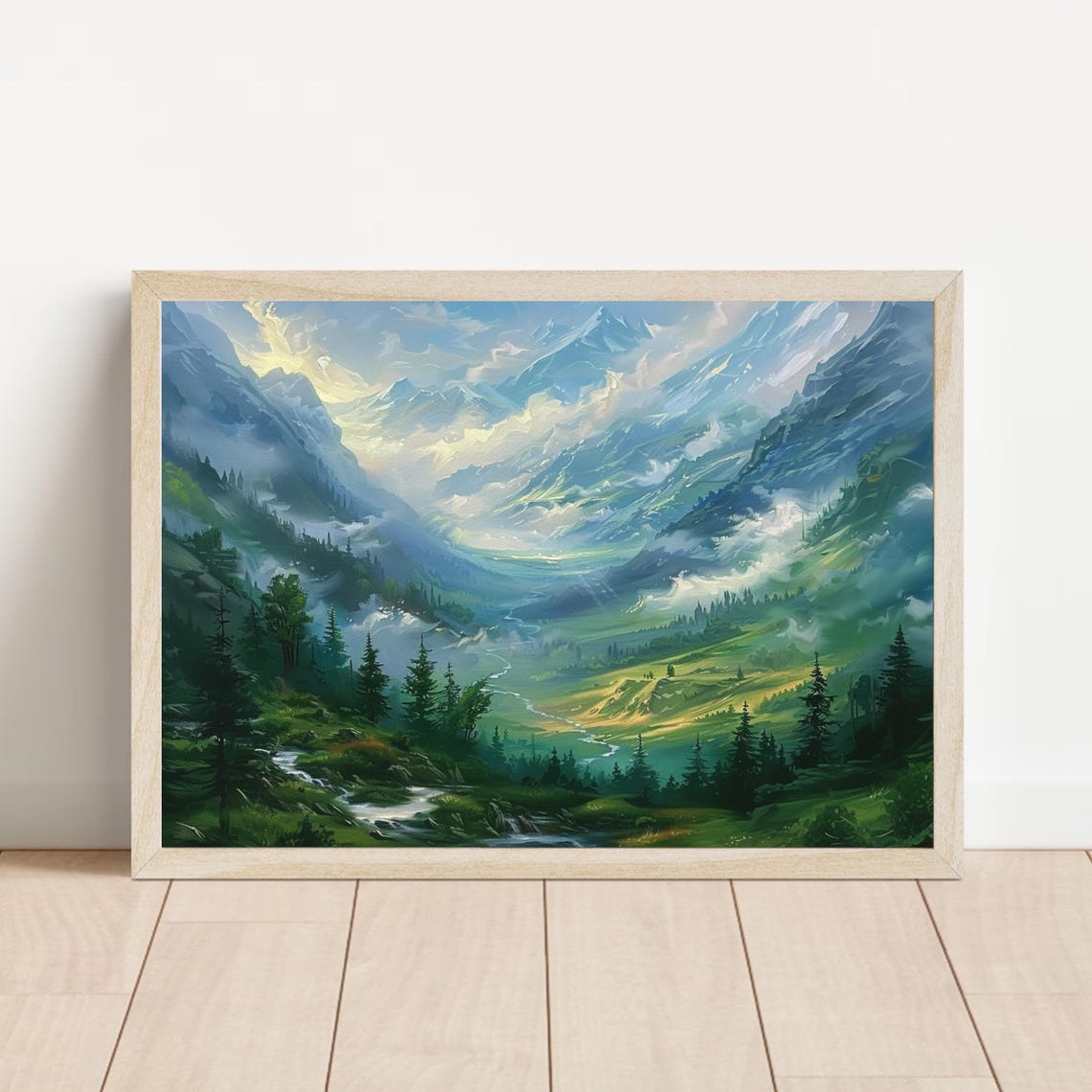 Misty Alpine Mountain Valley with Waterfall Landscape Painting Poster - Image 5