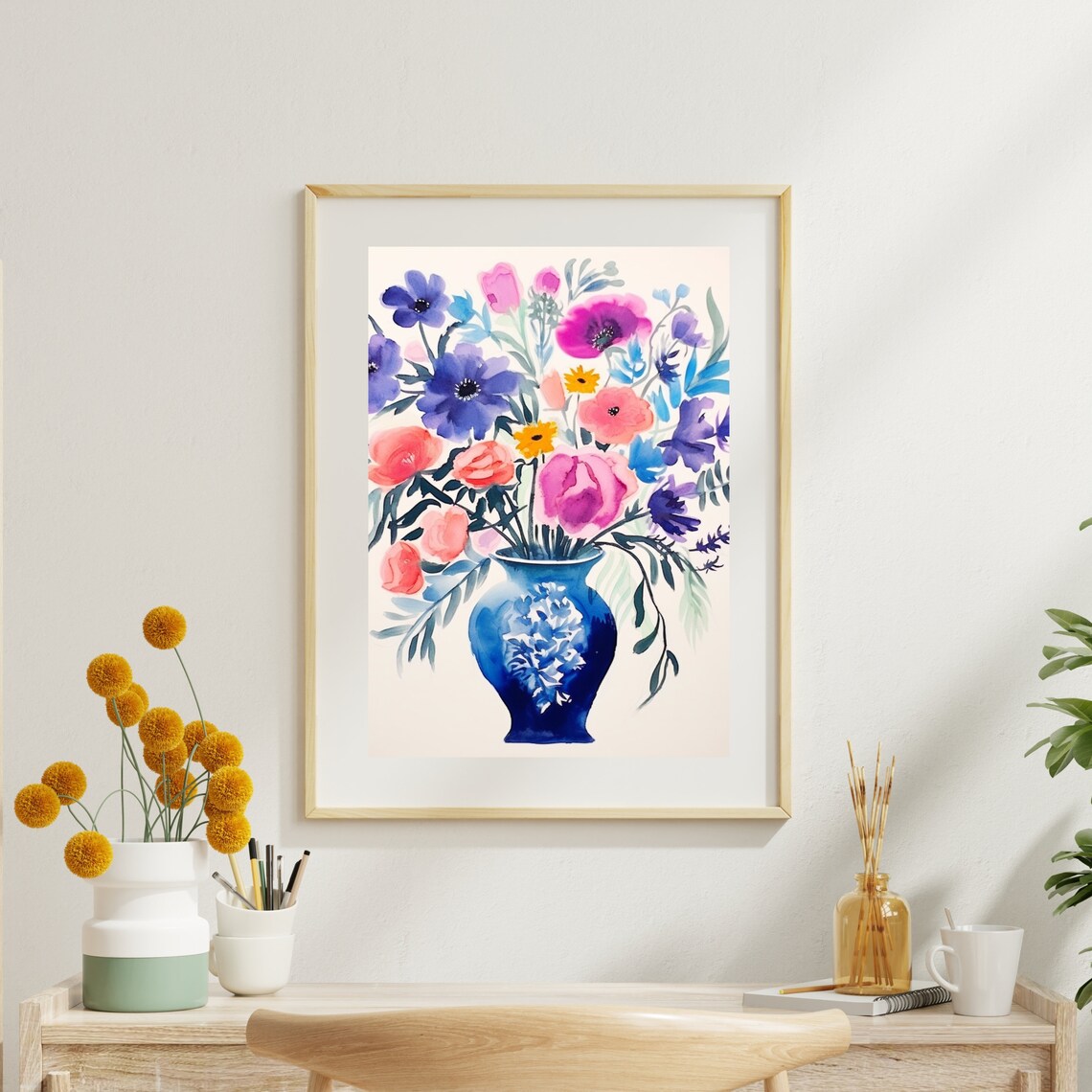 Watercolor Wildflower Bouquet in a Cobalt Vase Floral Wall Art - Image 4
