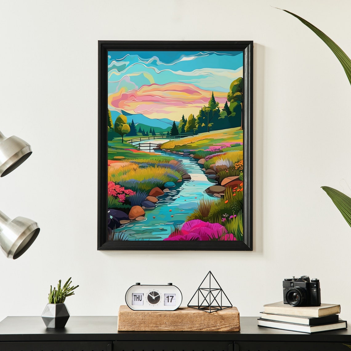 Colorful Sunset Stream Whimsical Forest River Landscape Poster - Image 5