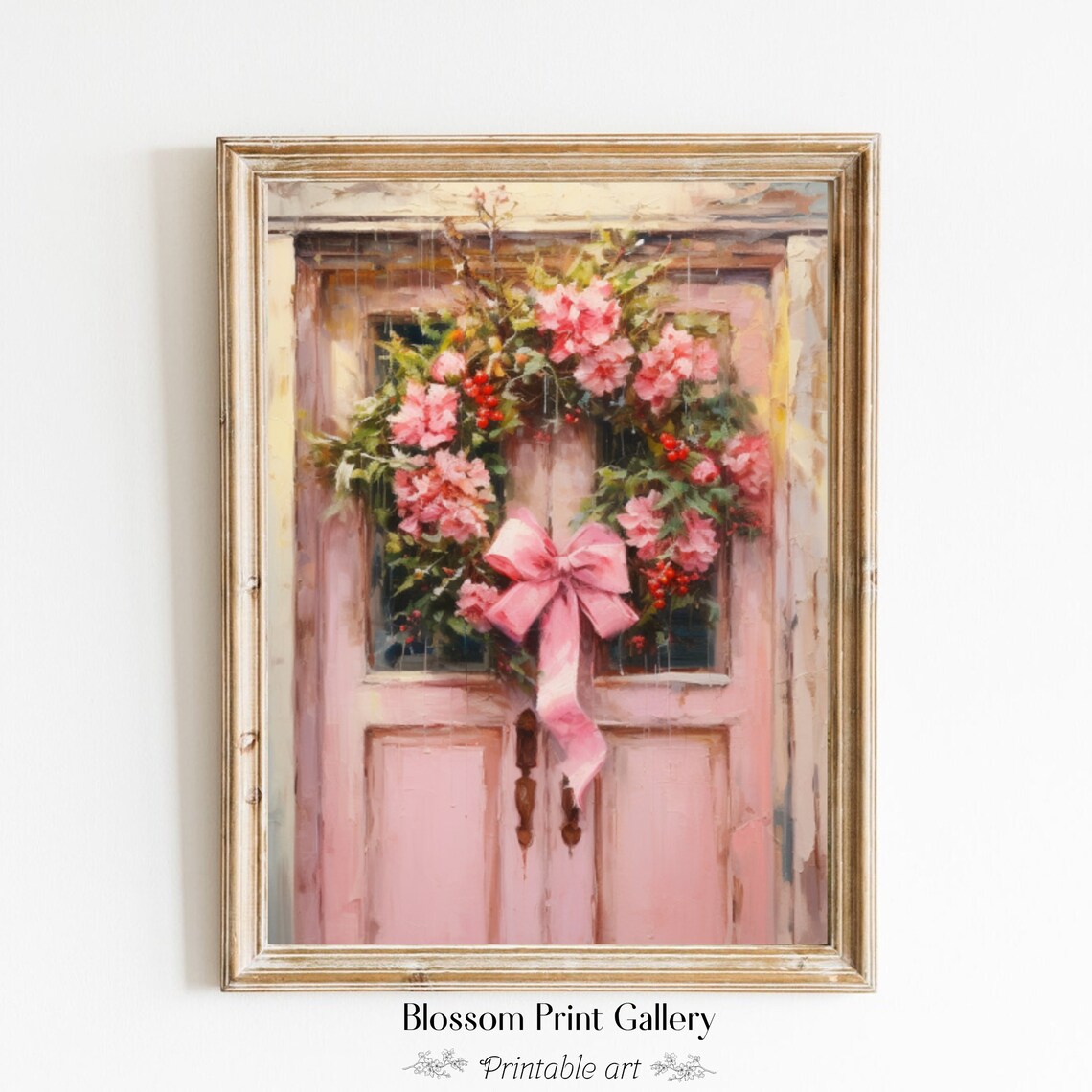 Pink Christmas Wreath With A Pink Bow On A Pink Wooden Door Poster