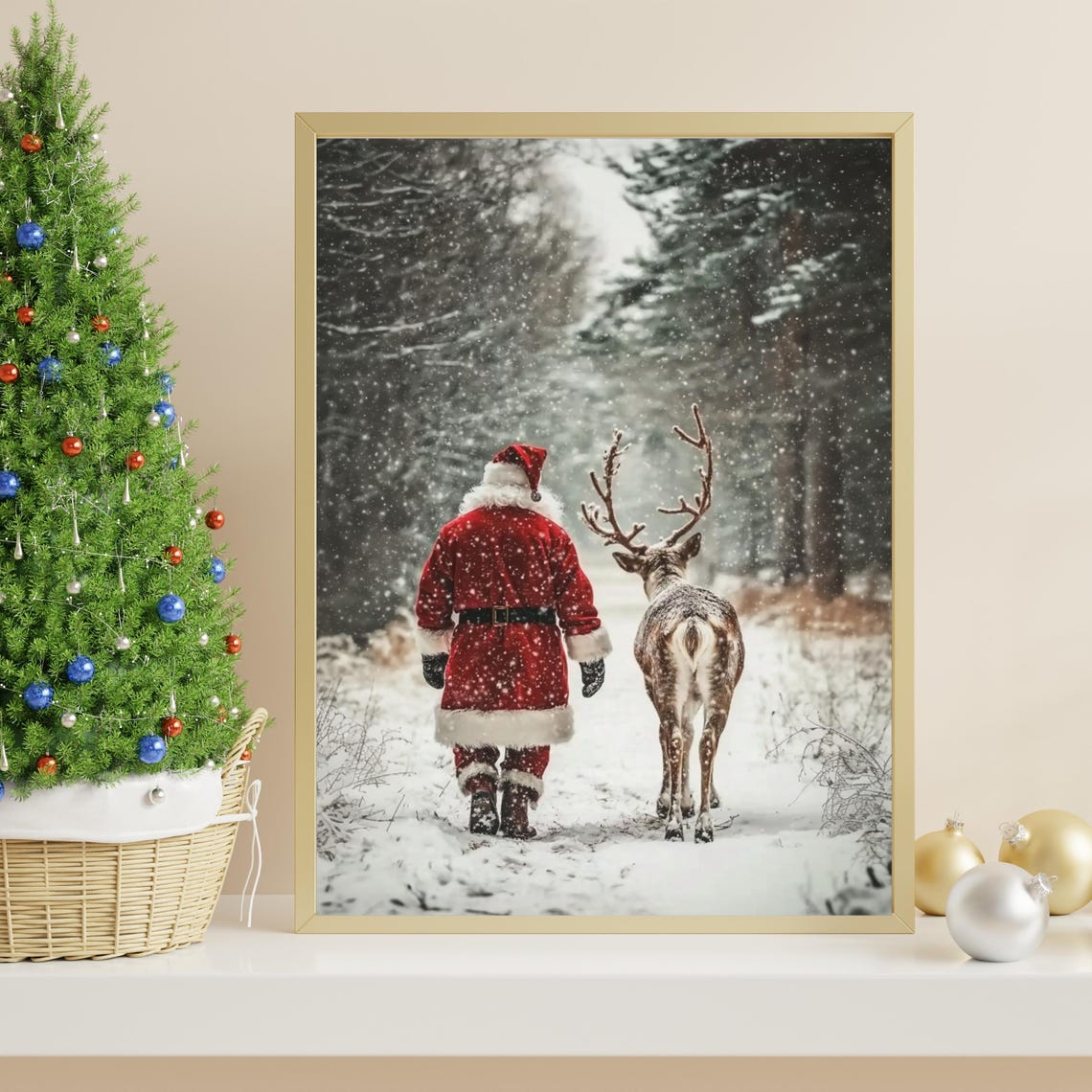 Santa Claus Walking Reindeer Snowy Forest Christmas Art Poster - Image 4