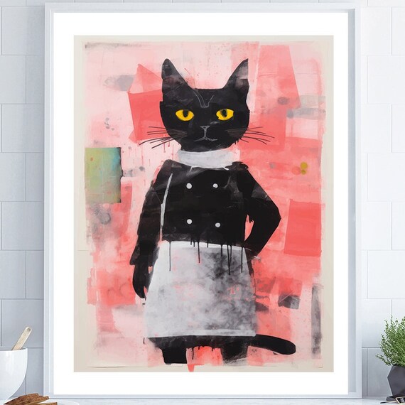 Funny Black Chef Cat Watercolor Painting Whimsical Kitchen Wall Poster