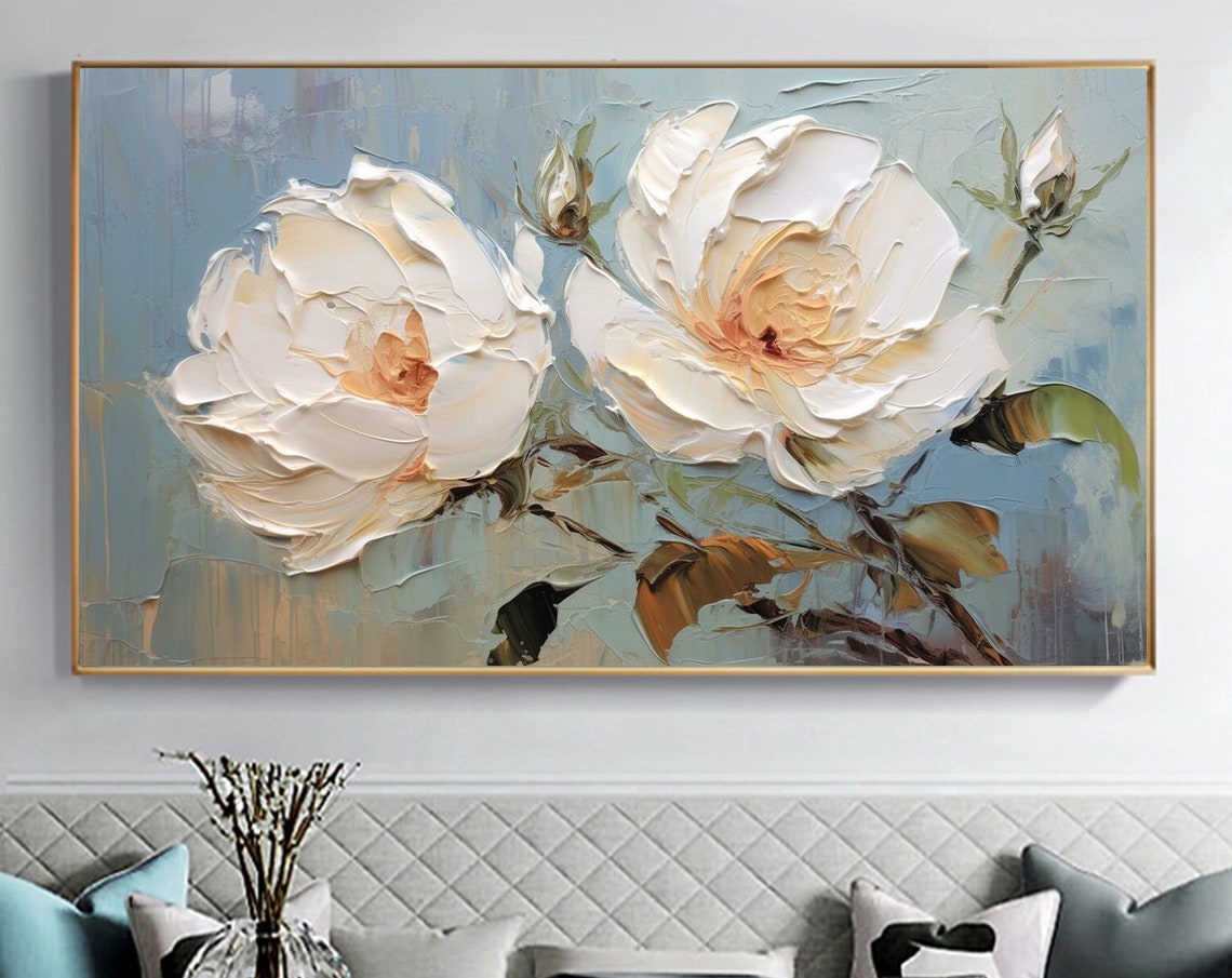 White Roses Blue Gray Background Impasto Floral Painting Poster