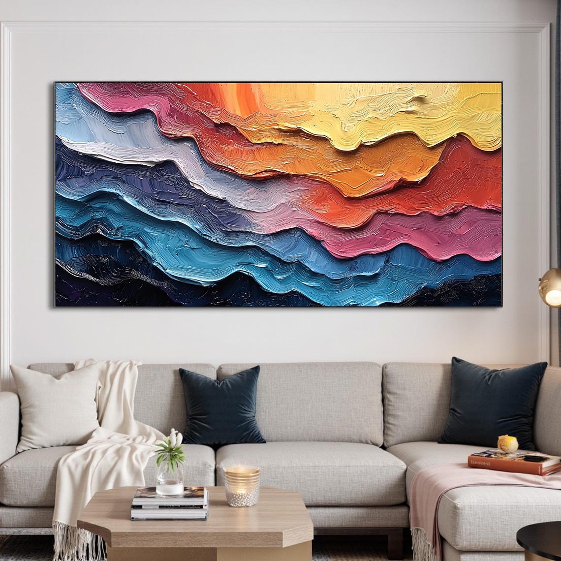 Sunset to Ocean Layered Wave Impasto Abstract Artwork Poster