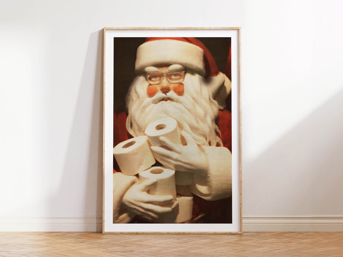 Santa Painting Bathroom Humor, Vintage Christmas Poster Print