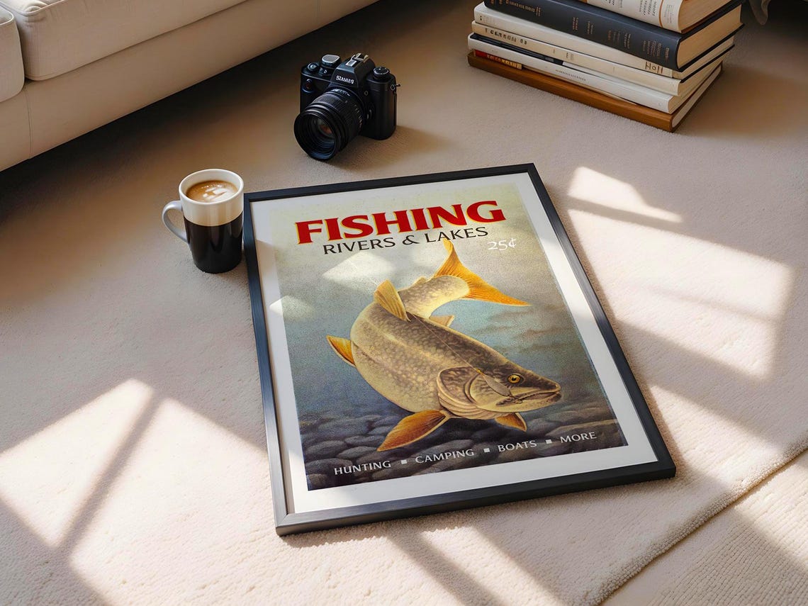 Retro Fishing Art Print Gift For Fisherman River Lake Fishing Poster Fish Wall Decor Angler Artwork Outdoorsy Wall Art Fishing Dad Gift - Image 2