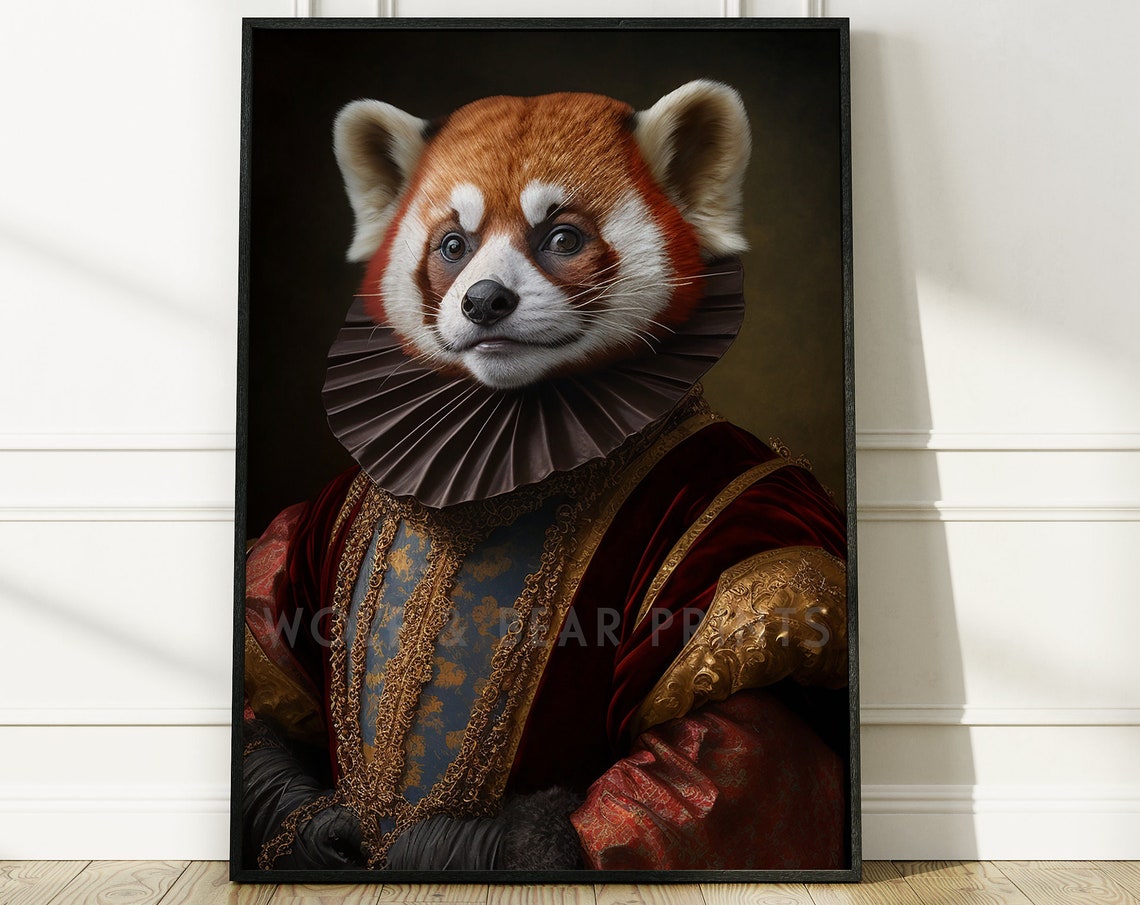 Red Panda Renaissance Animal Print Altered Portrait Wall Art Quirky Decor