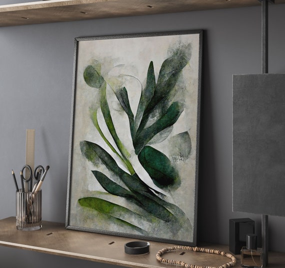 Abstract Botanical Print Eclectic Green Leaves Oil Painting File