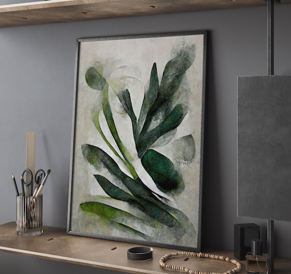 Abstract Green Leaves Botanical Oil Painting Modern Botanical Poster