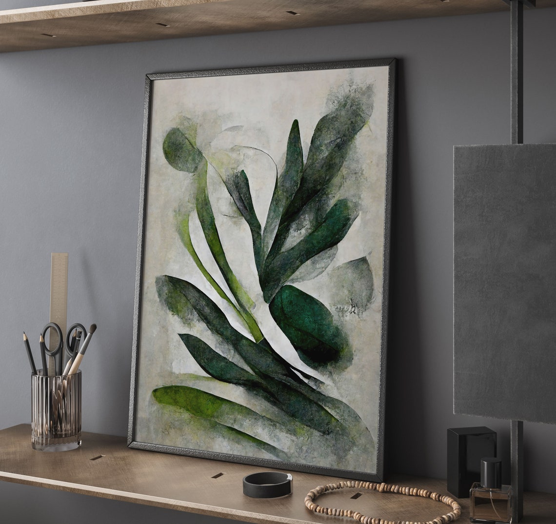 Abstract Green Leaves Botanical Oil Painting Modern Botanical Poster