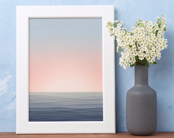 Pastel Ocean Waves Minimalist Pink Sky Calm Coastal Art Poster