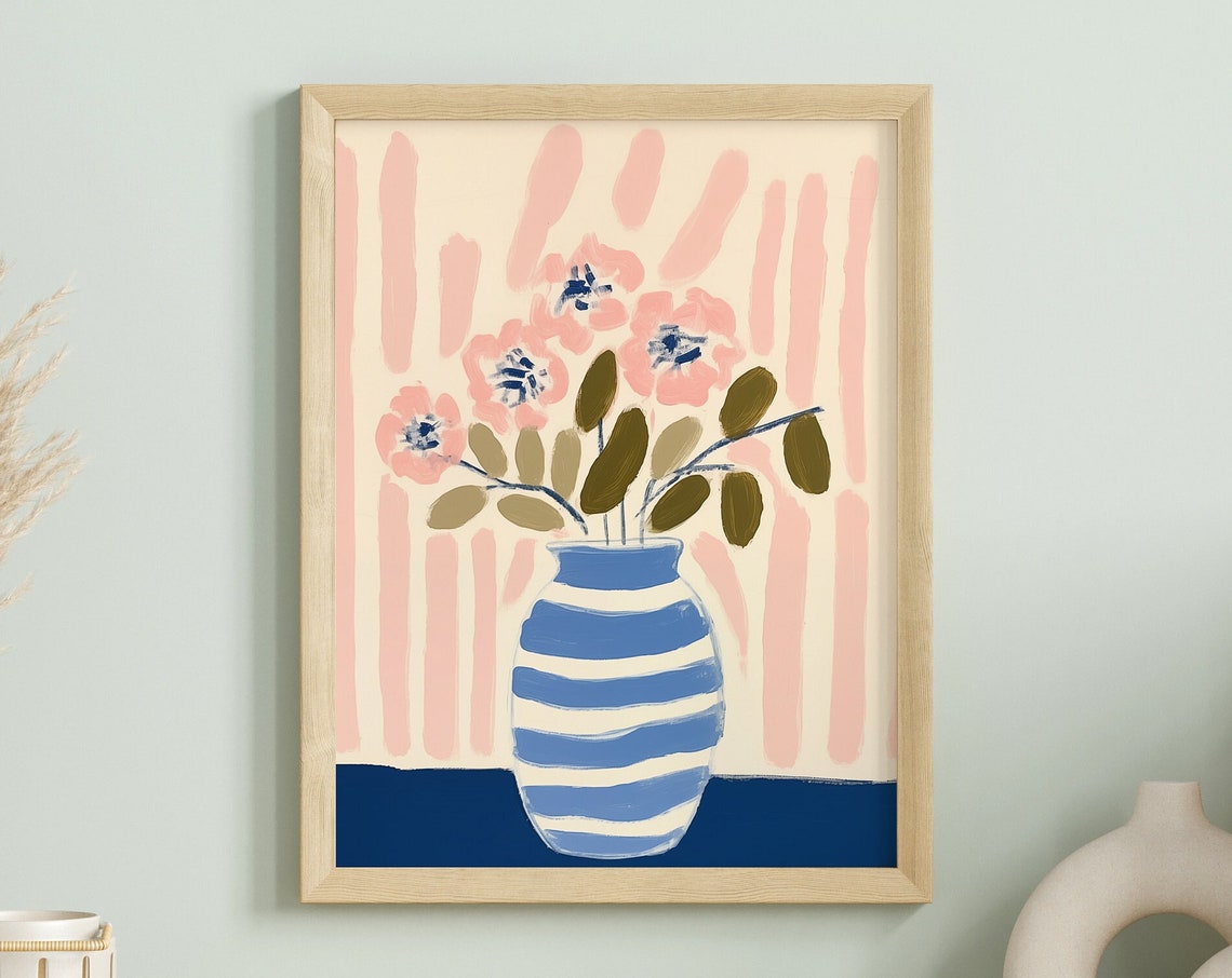 Pink Flowers Blue Striped Vase Matisse Style Botanical Art Poster