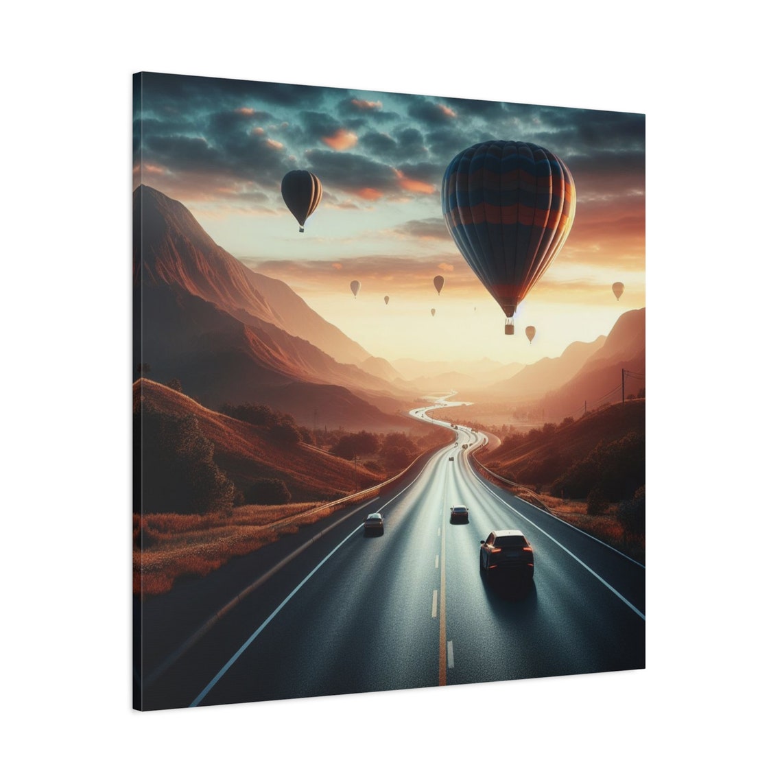Mountain Highway Sunset Hot Air Balloons Cars Road Trip View Poster - Image 4