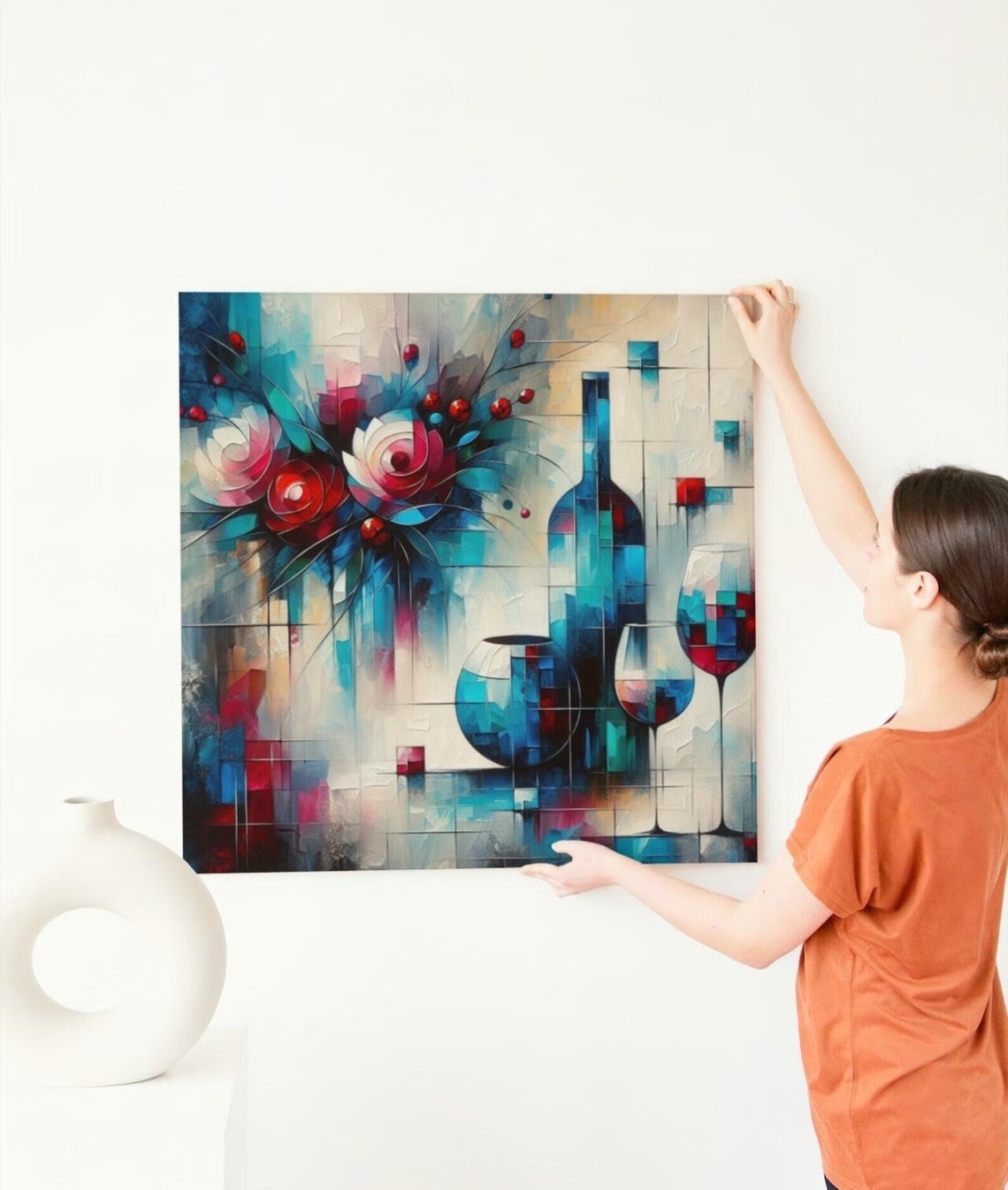 Abstract Wine Bottle Roses Teal Geometric Modern Floral Art Poster