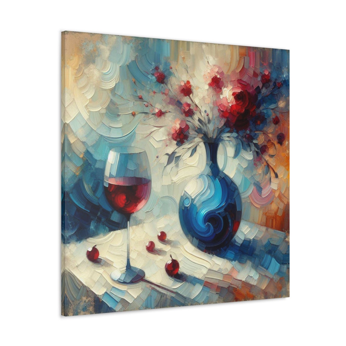 Wine Glass Blue Vase Red Flowers Impasto Kitchen Decor Poster - Image 3