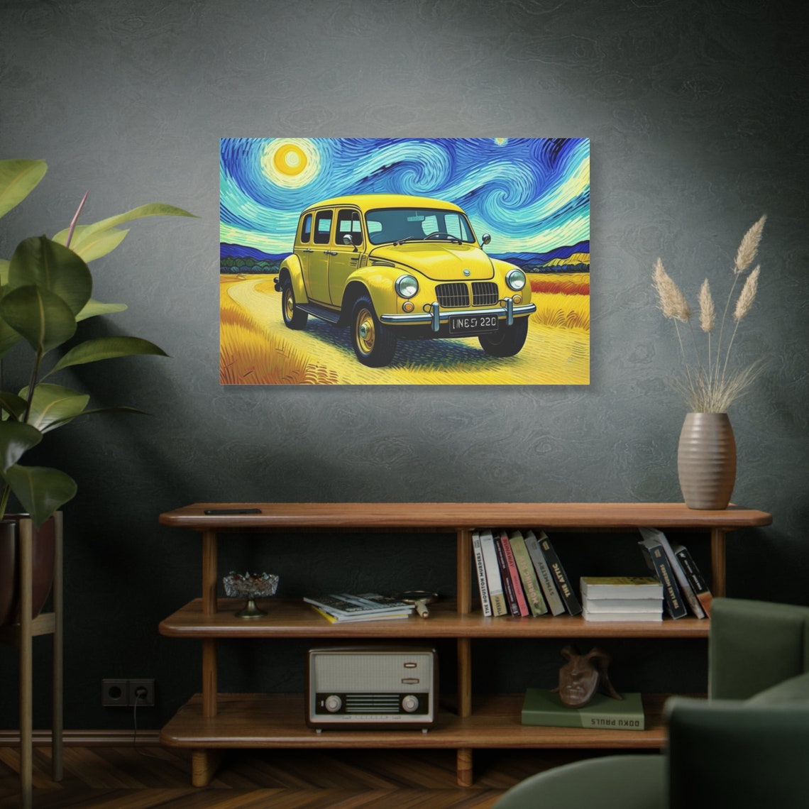 Van Gogh Style Painting Vintage Yellow Car Art Starry Night Inspired Wall Art Retro Car Print Classic Car Gift - Image 3