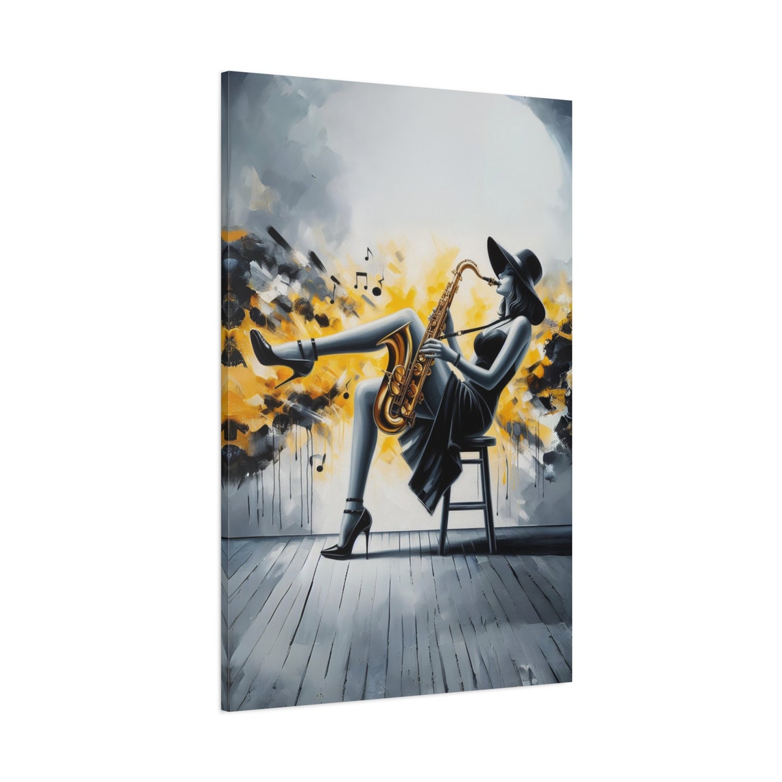 Jazz Saxophone Woman Black White Gold Splatter Music Wall Poster - Image 3
