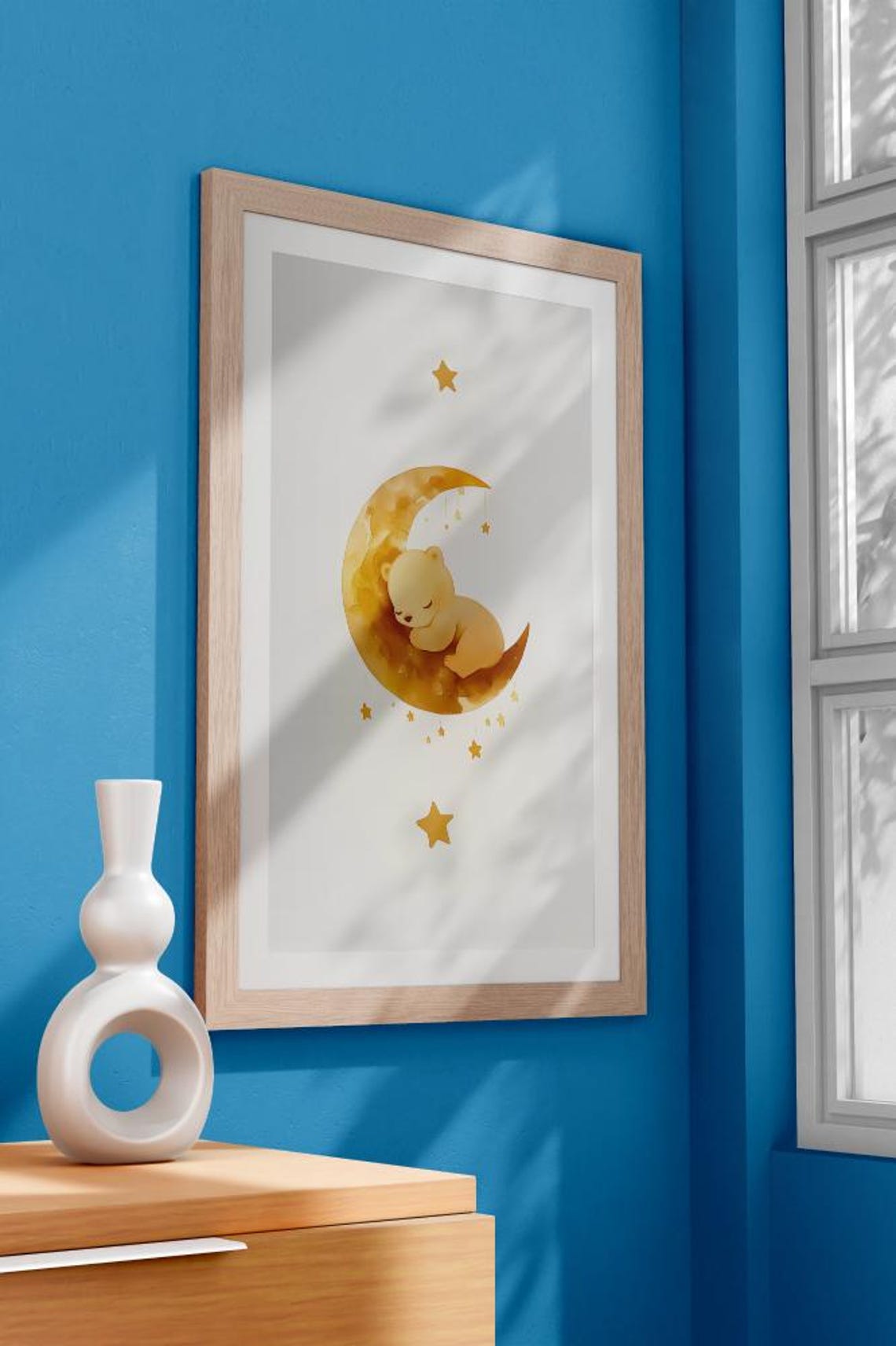 Sleeping Baby Bear Curled Up Tight on a Golden Crescent Moon Poster - Image 2