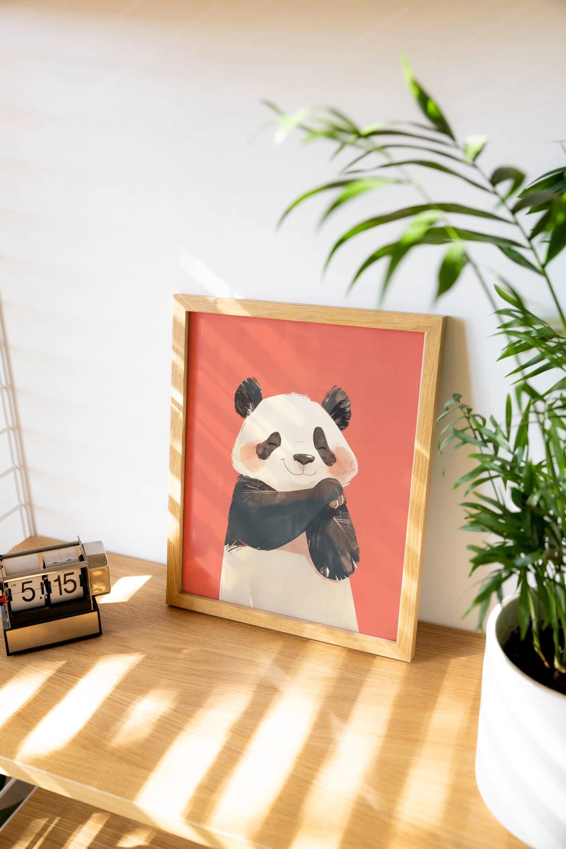 Adorable Smiling Panda Hugging Itself on Coral Pink Background Poster