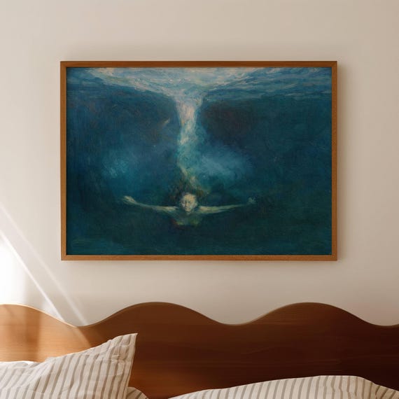 Minimalist Abstract Woman Diving Underwater Oil Painting Print Horizontal Above Bed Wallart Handdrawn Modern Textured Coastal Ocean Poster