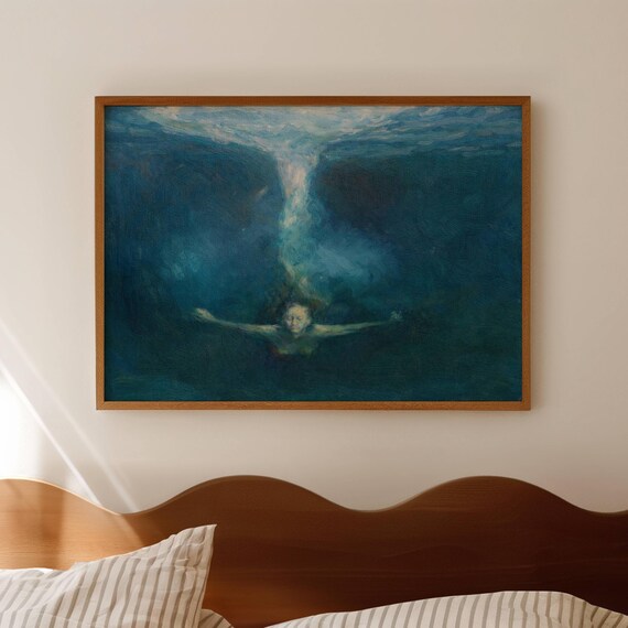 Serene Underwater Woman Diving Abstract Deep Blue Ocean Poster