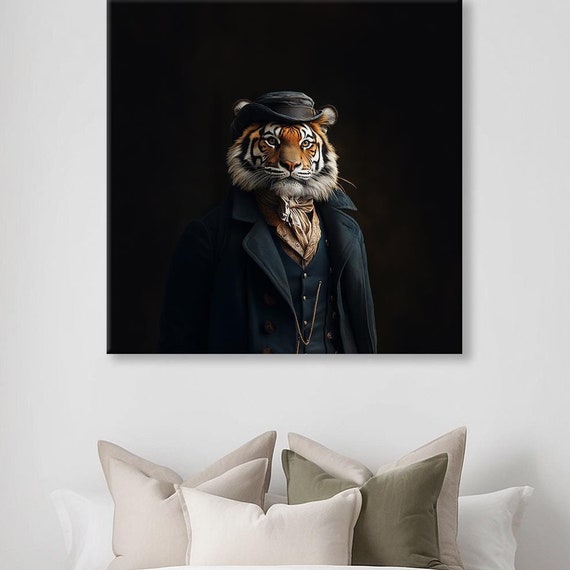 Maximalist Eclectic Victorian Bowler Hat Tiger Print Bold Altered Animal Portrait Fantasy Fun Colorful Renaissance Rustic Art