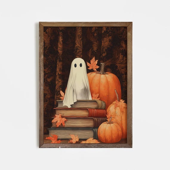 Cute On Books With Pumpkins Halloween Wall Art Print Autumn Fall Home Decor Spooky Vintage Style For Book Lovers