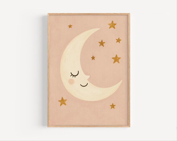 Smiling Crescent Moon And Stars Dreamy Pink Nursery Baby Room Poster