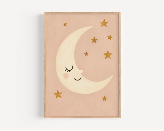 Smiling Moon Nursery Print Celestial Kids Wall Art Baby Room Decor Dreamy Pastel Poster Artwork
