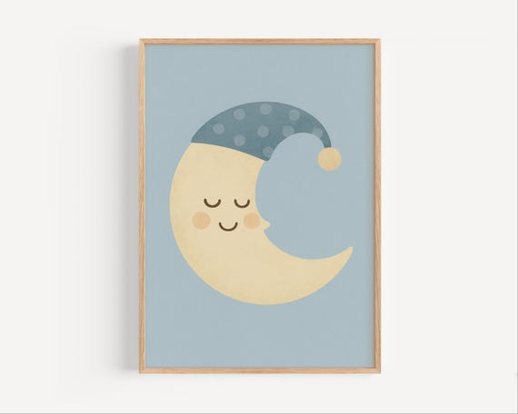 Sleepy Moon Nursery Print Minimalist Crescent Wall Art For Baby Room Soft Blue Kids Poster Bedroom