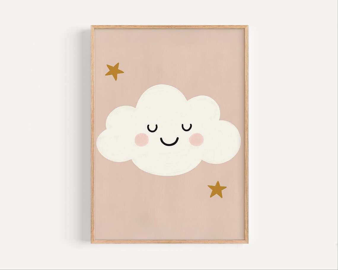 Smiling Cloud With Gold Stars Cute Pastel Baby Nursery Art Poster