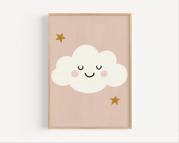 Smiling Cloud Nursery Print Cute Baby Room Wall Art Gender Neutral Kids Decor Pastel Sky Poster Gift