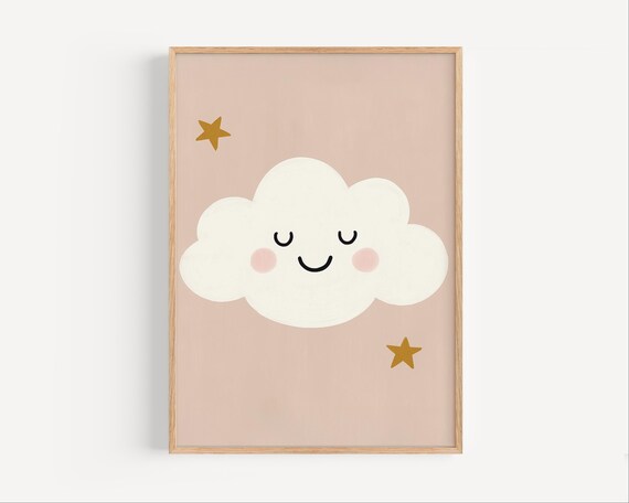 Smiling Cloud With Gold Stars Cute Pastel Baby Nursery Art Poster