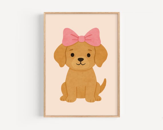 Puppy Girl Bow Wall Art Cute Dog Nursery Decor Poster For Girls Bedroom Or Baby Room