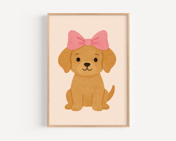 Sweet Golden Puppy With Big Pink Bow Cute Dog Nursery Wall Art