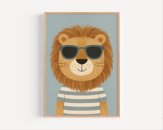 Cool Lion With Sunglasses Striped Shirt Funny Kids Room Poster