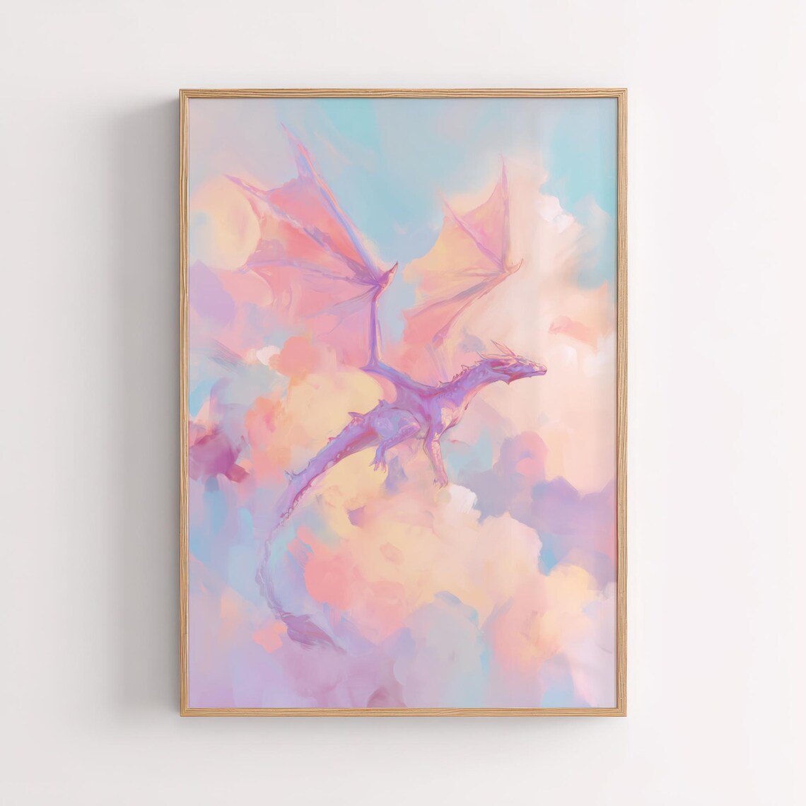 Pink Dragon Flying Through Pastel Clouds Fantasy Kids Wall Art