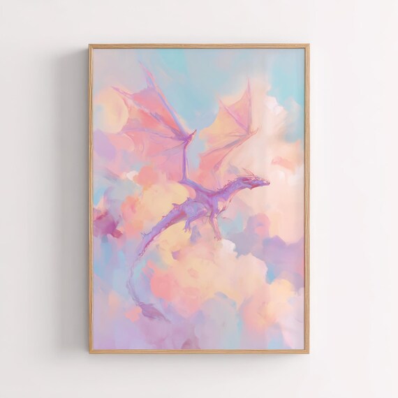 Pink Dragon Painting Magical Kids Room Wall Art Print Purple Whimsical Playroom Pastel Fairy Tale Nursery