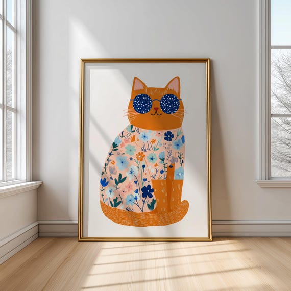 Floral Cat With Sunglasses Poster Cute Kitty Wall Art For Girls Room Colorful Animal Nursery Decor