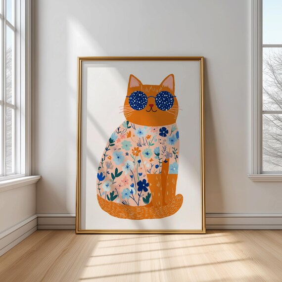Whimsical Floral Cat Wearing Blue Polka Dot Sunglasses Wall Poster