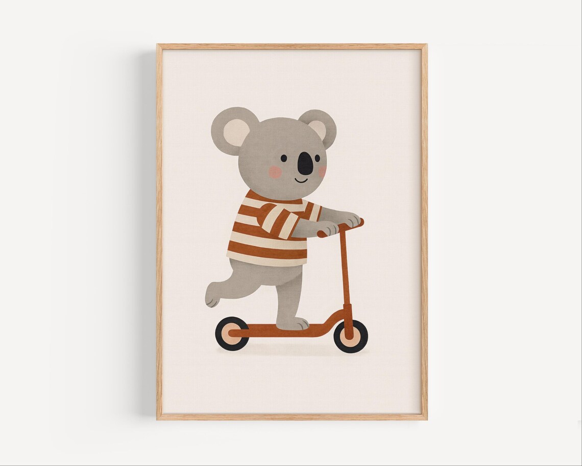 Adorable Koala Riding An Orange Scooter In A Striped Shirt Poster