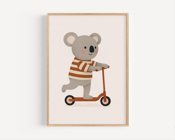 Adorable Koala Riding An Orange Scooter In A Striped Shirt Poster