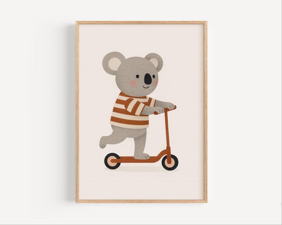 Koala On Scooter Print Cute Nursery Wall Art Australian Animal Kids Poster For Baby Room Decor