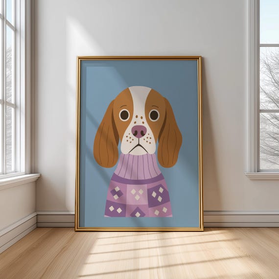 Cute Dog Wall Art Puppy In Purple Sweater Kids Room Poster Modern Animal Illustration Instant