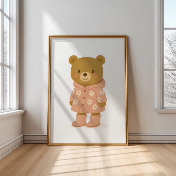Cute Teddy Bear Print Pink Raincoat Nursery Wall Art Daisy Flower Kids Room Decor Baby Girl Poster Animal Illustration