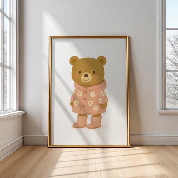 Teddy Bear In Pink Daisy Raincoat Cute Nursery Baby Girl Wall Poster