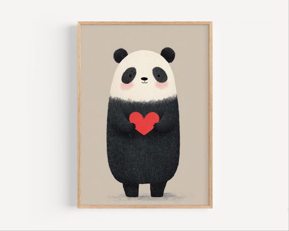 Cute Panda Holding Red Heart Wall Art For Nursery Baby Room Decor Animal Illustration Gift Boy Girl Instant